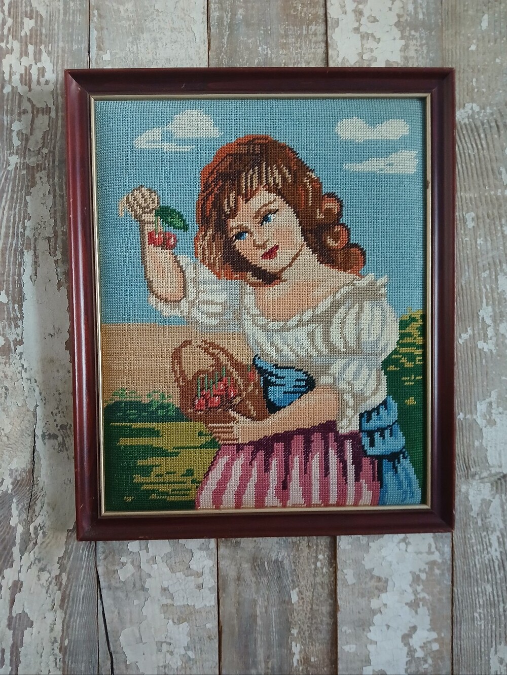 Vintage Hand-Embroidered Framed Girl with Basket Wall Art